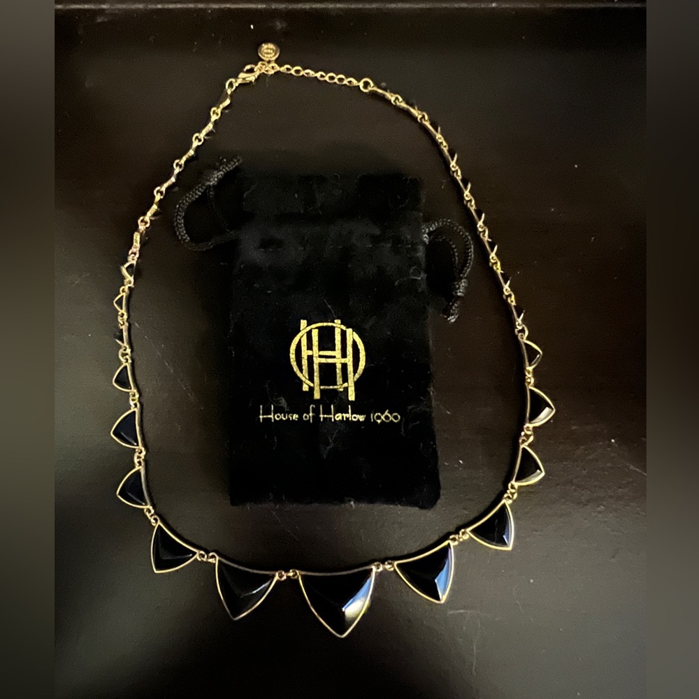 HOUSE OF HARLOW 1960 triangle gold and black necklace with bag Exc condition!
